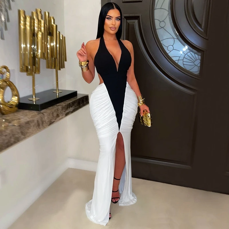 

STYLISH LADY Black White Patchwork Maxi Dress 2025 Autumn Women Halter Backless Bodycon Split Draped Sexy Club Party Dresses