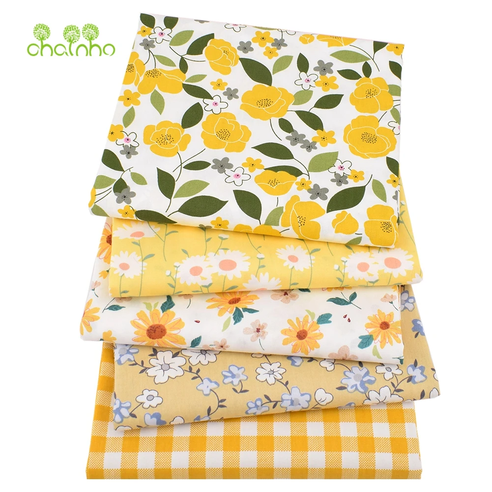 Chainho,Printed Twill Weave Cotton Fabric,Patchwork Cloth,DIY Sewing Quilting Material,New Yellow Floral,2 Specification,CC191