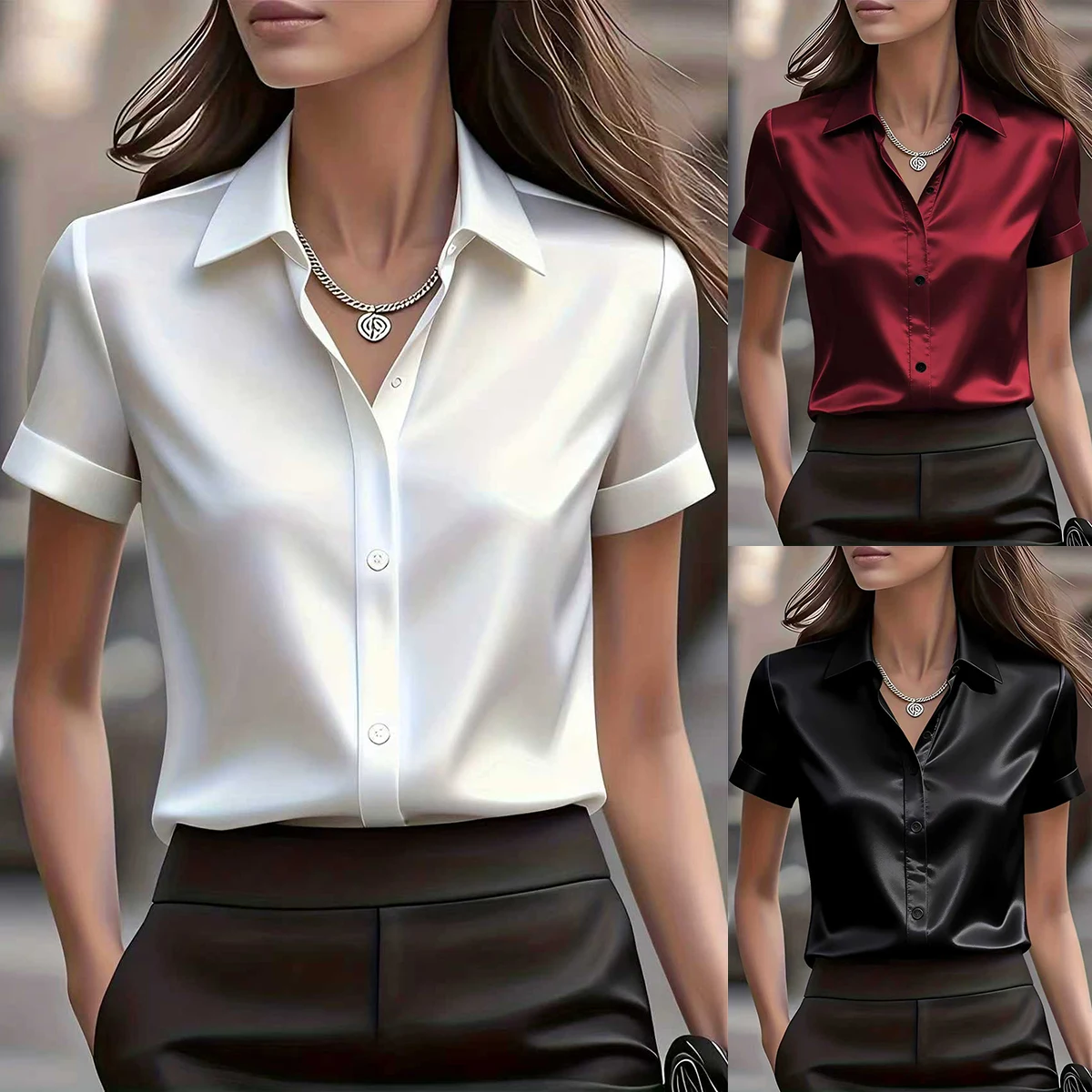 Elegant Slim Fit Silk Blend Commute Shirt Versatile Short Sleeve V Neck Bubble Sleeve Tunic for Stylish Women