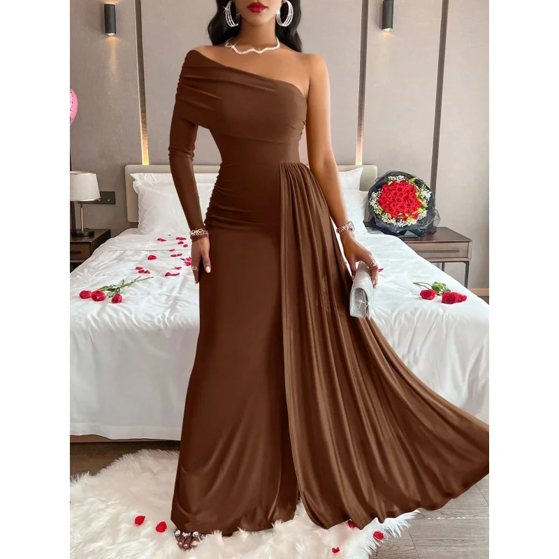 

Off-Shoulder One-Shoulder Waist-Cinching Dress Elegant Slimming Evening Dress, Long Bodycon Skirt