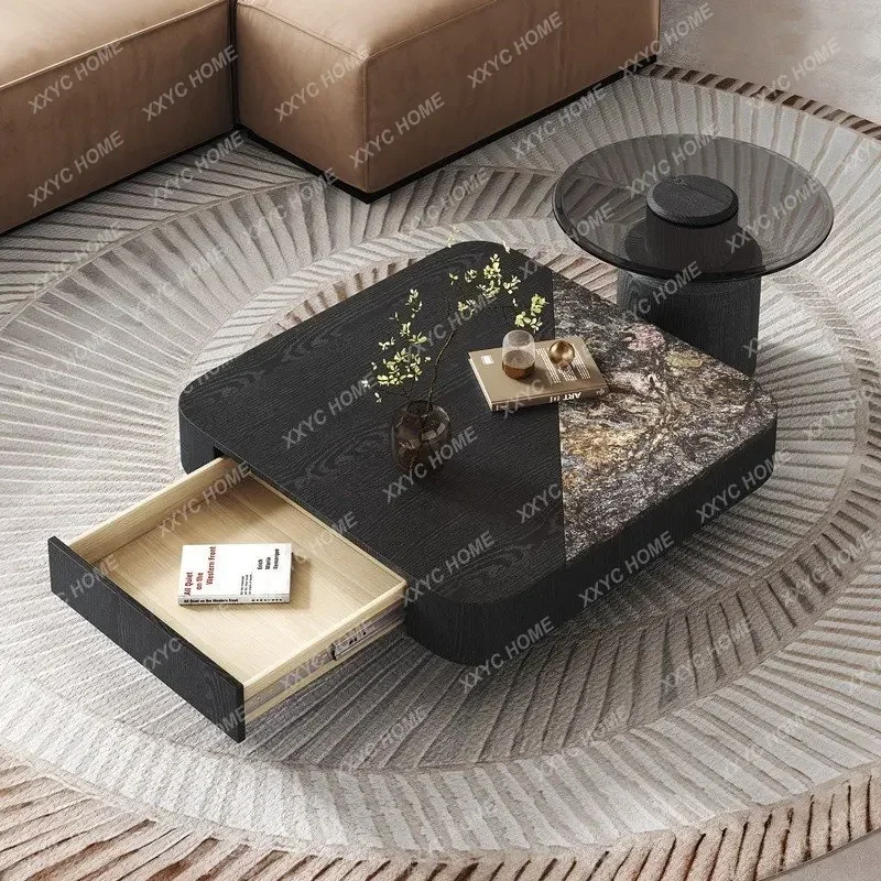 JJJJLight Luxury Stone Coffee Table Combination Square Living Room Household Small Apartment Coffee Table