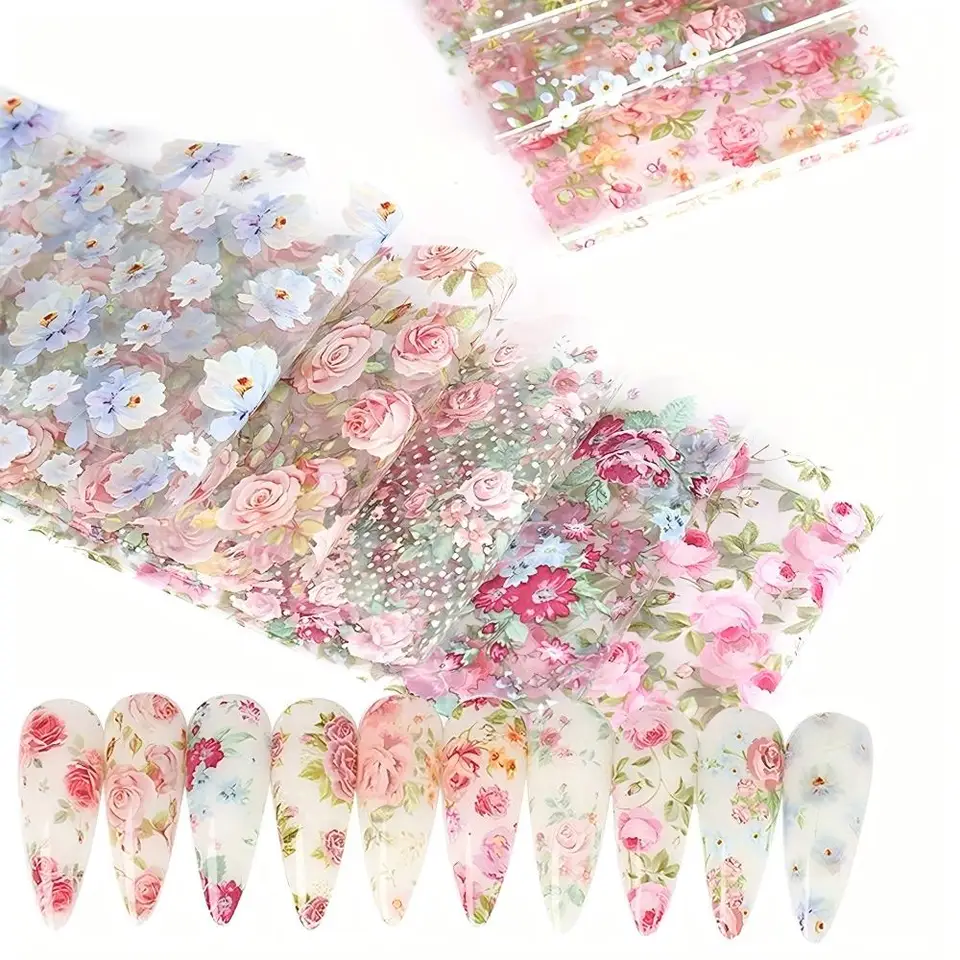 10 Piezas Mixtas Láminas de Transferencia para Arte de Uñas Set de Pegatinas Diseños de Rosas Florales Cielo Estrellado Envolturas de Uñas Decoración de Manicura para Boda Verano