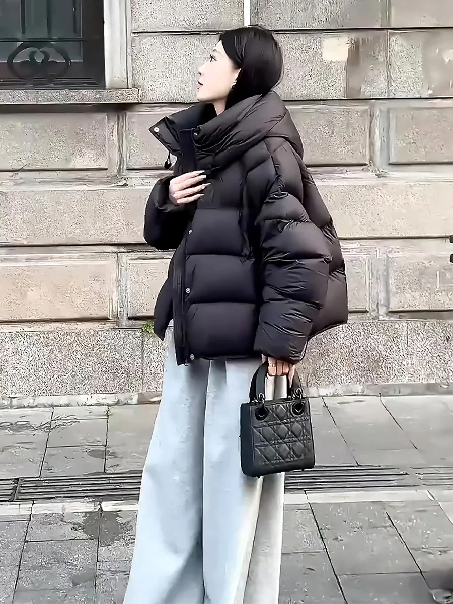 여성용 오트 화이트 다운 재킷 후드 스트링 따뜻한 패셔너블 겨울 아우터웨어 출퇴근용 2024 신상품