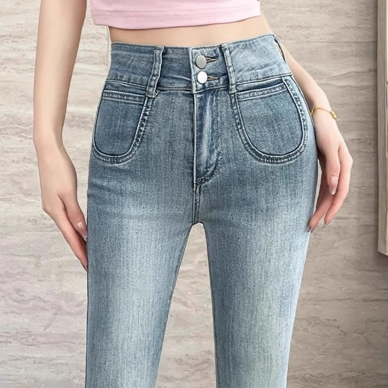 Hohe Taille, lockere Passform, Bootcut-Jeans, Damen-Doppelschnalle, neun Zähne, schlankmachende Hose mit weitem Bein, Retro-Stil, lässige Mode, TT1041