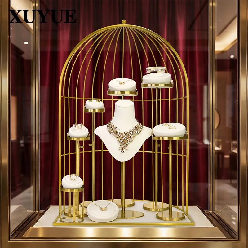 Jewelry display rack, high-end gold metal window display rack, necklace, ring and earrings, high-end display props