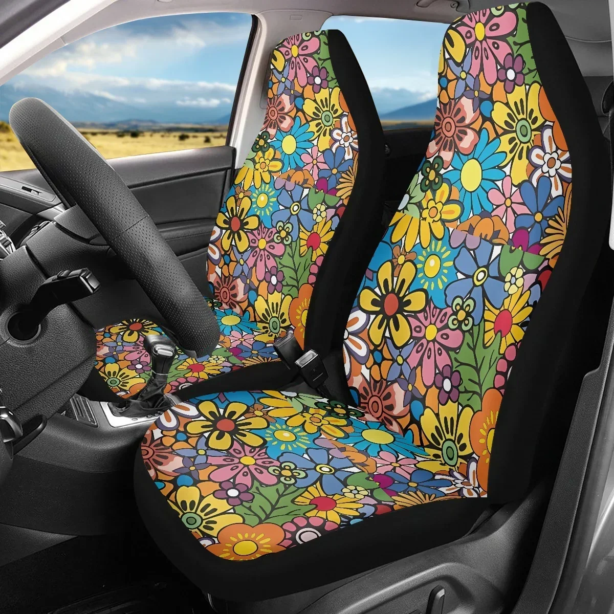 INSTANTARTS Retro Hippie Flower Pattern Universal Car Seat Covers Bucket Front Seat Protector Fit for Most Cars Easy To Intall