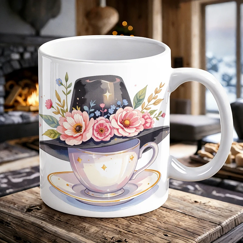 

11 oz Pilgrim Hat Teacup with Handle Ceramic Mug, Full-Print Pattern Coffee Cup, Insulated Milk Cup, Water Cup for Office