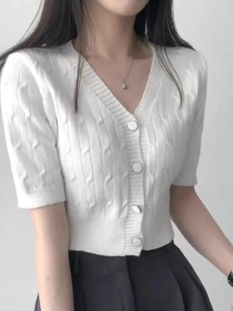 Twists Solid Color V-neck Short Sleeved Sweater Waist Sueters Cropped White Cardigan Mujer Sexy Tops Summer Korean Fashion Coat