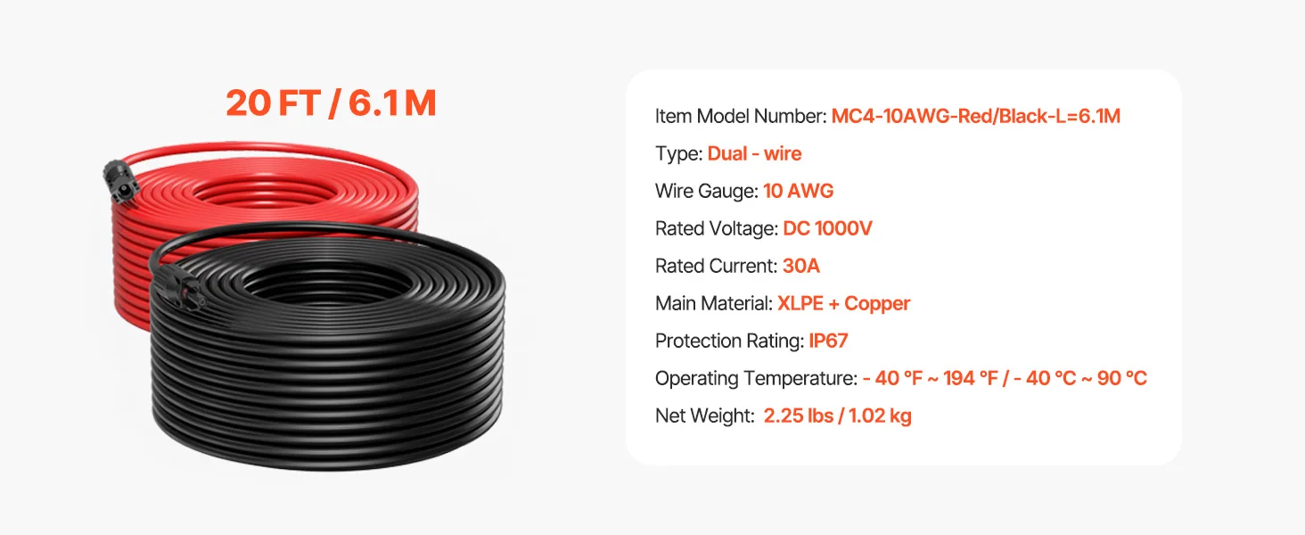 SucceBuy Solar Panel Extension Cable 20FT Black + 20FT Red / 30FT Black + 30FT Red / 50FT Black + 50FT Red / 100FT Black + 100FT Red 10AWG with Female & Male Waterproof Connectors 6mm² PV Cable for Home Ship