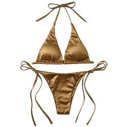 Traje de baño Sexy de dos piezas con cuello Halter metálico para mujer, Bikini triangular con lazo lateral, traje de baño unicolor para verano, conjunto de Bikini para la playa