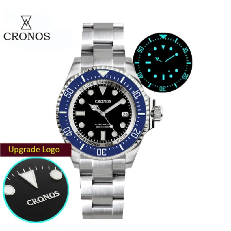 Cronos orologio subacqueo automatico per uomo acciaio inossidabile 2000 metri resistenza all\'acqua orologio da polso subacqueo professionale da uomo