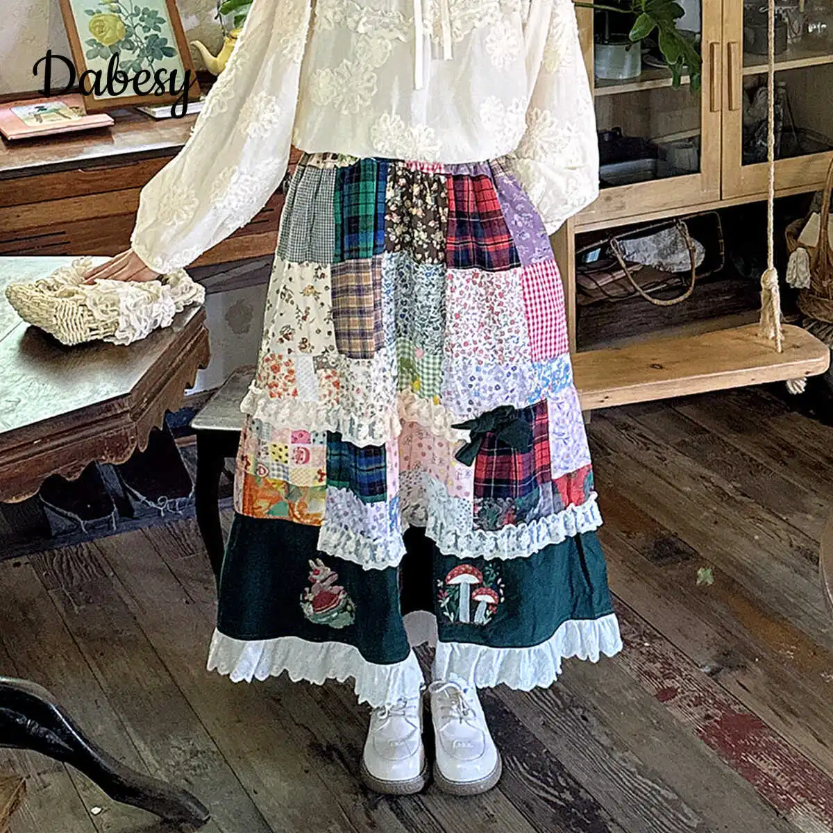 Vintage Embroidery Patchwork Green Corduroy Skirt Women Autumn Mori Girl Lace Ruffled Elastic Waist Kawaii A-Line Pleated Skirt