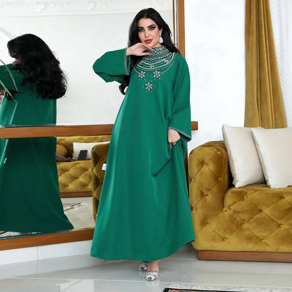 Fashion Muslim Dress Women Diamond Lace-up Arabian Dubai Abaya Solid Long Sleeve Daily Dress with Belt Kaftan Femme Musulman