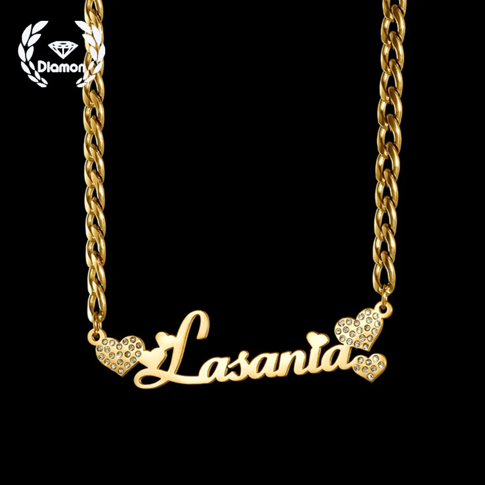 Diamon nuova collana personalizzata con nome personalizzato gioielli in acciaio inossidabile cuore zircone targhetta catena cubana per regalo gioielli da donna