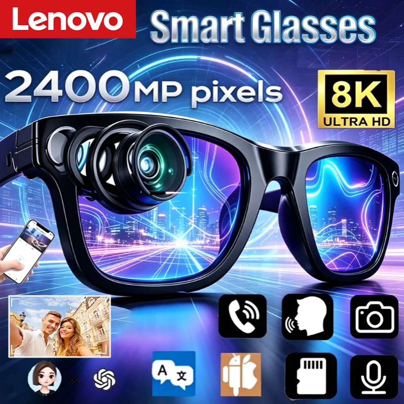Lenovo NEW 2400W AI Smart Glasses Hands-Free Calling AI Translation Chat Logging Music Playback for Men Women Smart Sunglasses