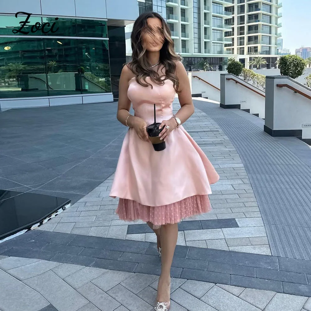 

Zoci Strapless Pink Short Prom Party Dresses Satin Dotted Tulle Formal Wedding Dress Draped A Line Cocktail Gown Customized
