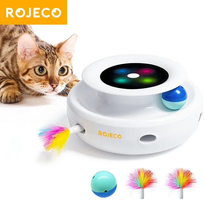

ROJECO 2 in 1 Smart Cat Toys Automatic Feather Fun Ball Toy Set For Cat Dog 5 Modes Electronic Interactive Pet Toy Accessories