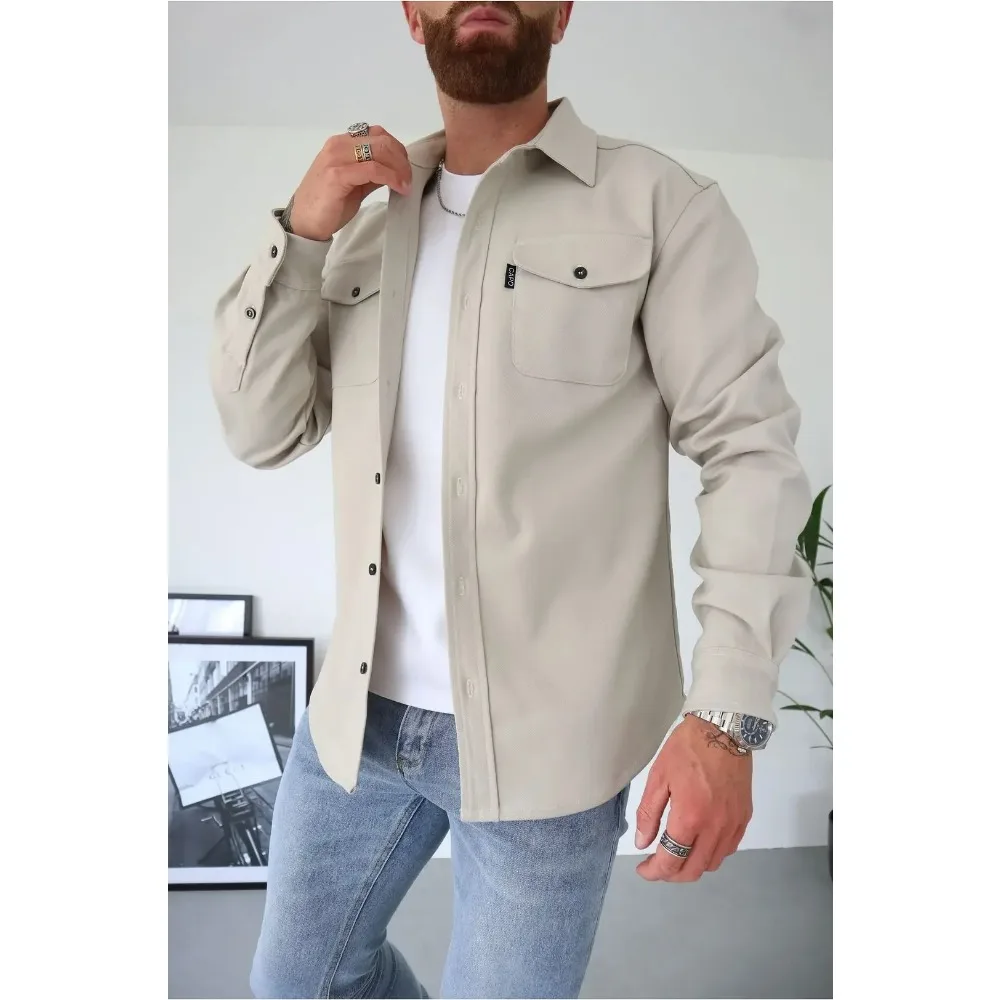 

Мужская рубашка, повседневная однотонная однобортная рубашка с длинным рукавом и отложным воротником, карманная верхняя одежда, осень 2024, базовые рубашки, новинка