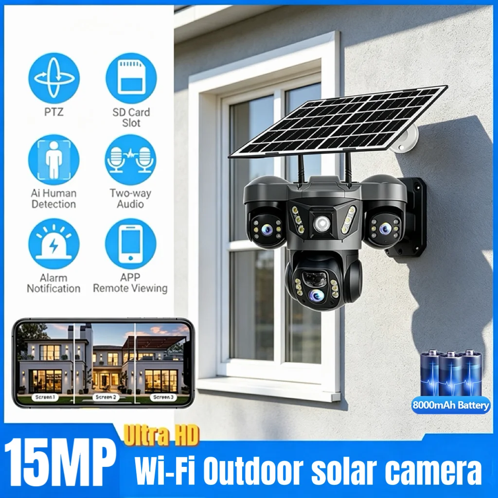 

15MP Solar Camera Wifi Outdoor 3 Lenses 3 Screens PIR Body Detection Camera Waterproof Night Vision CCTV Security IP Camera V380