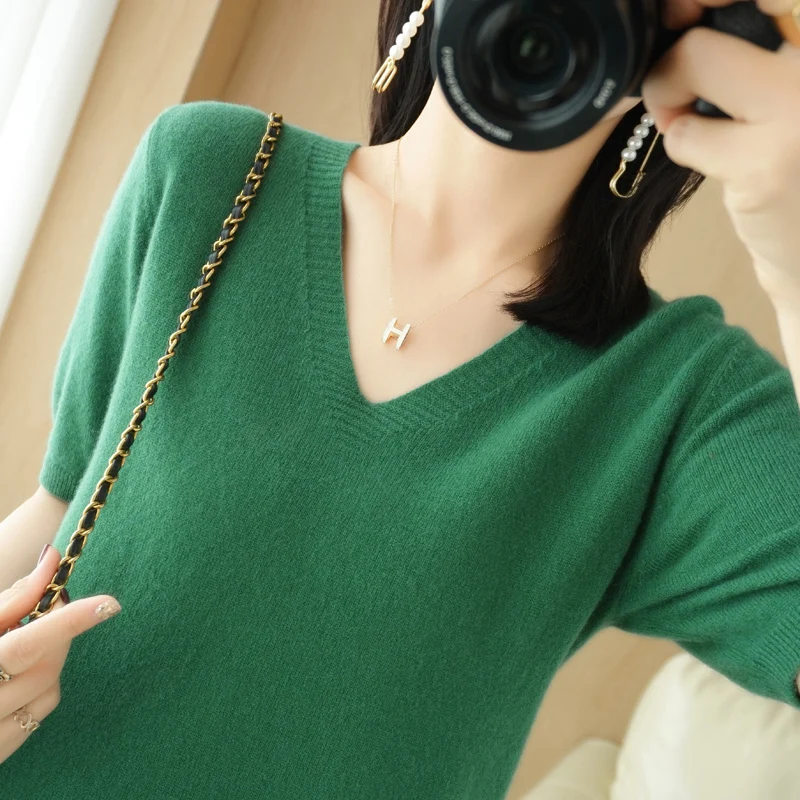 Spring Autumn New Fashion Cashmere Sweater Women Knitted Short Sleeve Pullover Solid Color  Loose V-Neck Korean Version Tops