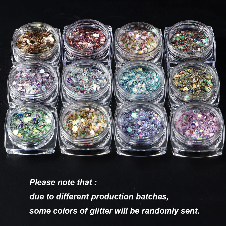 Iridescente Prego Glitter Pó Lantejoulas, Espelho Hexagonal, Irregular 3D Flocos, Holográfica Art Decor, Sereia Flocos, Y2K, 12 Box