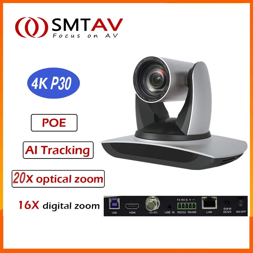 

Камера SMTAV 20X 4K UHD PTZ с поддержкой AI-трекинга, NDI, PoE, HDMI+SDI+USB3.0+IP, потоковая передача видео