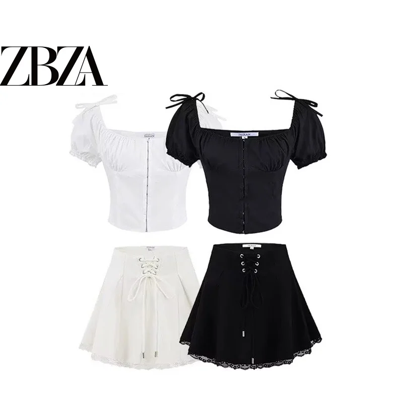 Slim Fit  Skirt with Waist Cinching Top for Women Polyester Fabric Short Sleeve Zipper Closure Square Neck Design