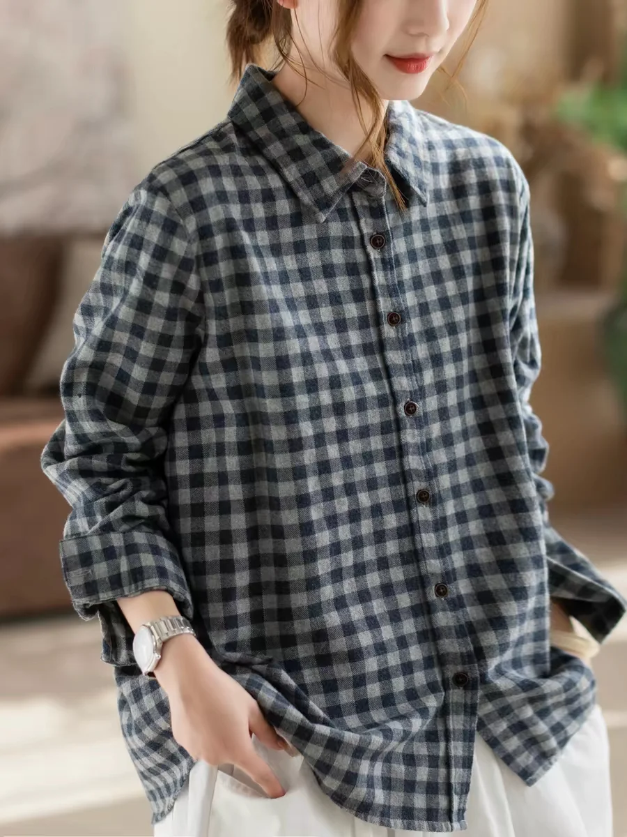 Casual Plaid Cotton Shirt Soft Long Sleeve Women's Fashion Classic Style Spring Autumn Season Pure Cotton Comfortable Top