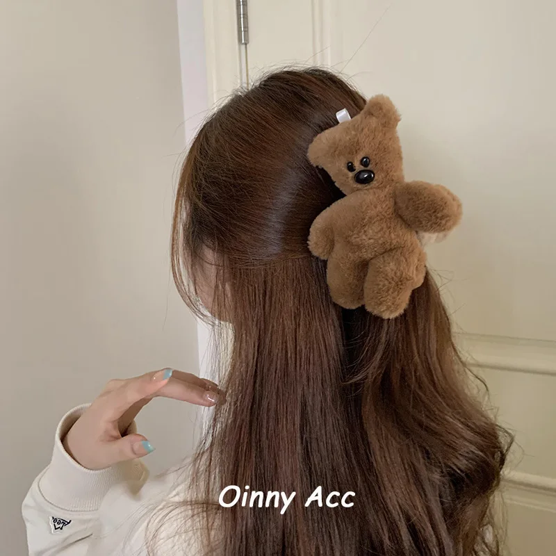 

1 шт. Милый плюшевый зажим для волос в виде медведя Мистер Бин, осенне-зимняя заколка-краб для затылка для женщин