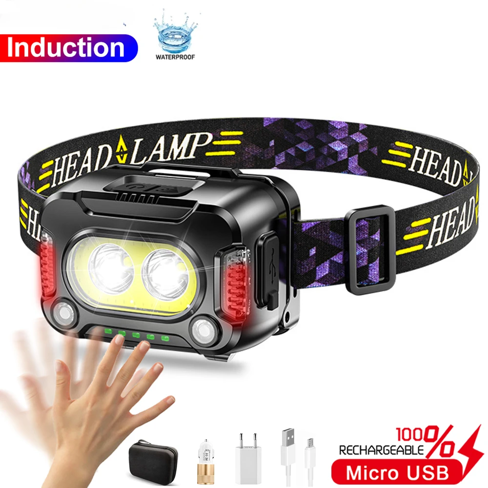 Super Bright Sensor LED Headlamp USB Rechargeable Headlight with Red Lighting Built-in Battery Head Flashlight 6 Modes Fishing