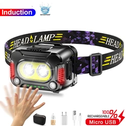 Super Bright Sensor LED Headlamp USB Rechargeable Headlight with Red Lighting Built-in Battery Head Flashlight 6 Modes Fishing