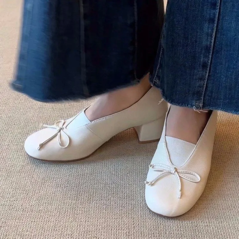 Zapatos de Tacón Ancho con Punta Redonda y Lazo para Mujer, Antideslizantes, Resistentes al Desgaste, de Poner y Quitar Fácilmente, Tacones Bajos