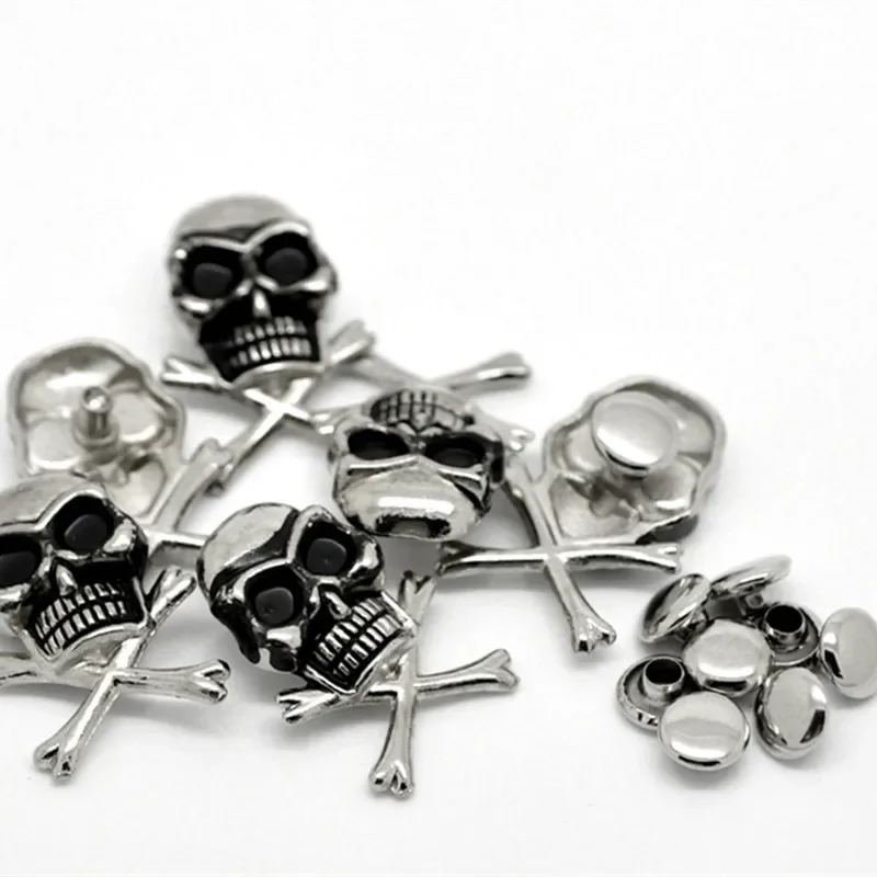 50Sets Antique Silver Tone Punk Skull Crossbone Spike Garment Rivets Studs Spots Sewing Bags Shoes Wholesale 24x17mm 7mm