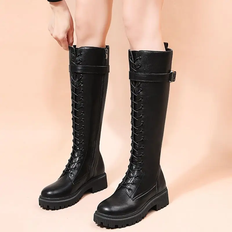 Women\'s Boots Winter Knee High Shaft Black Shoes for Woman Round Toe Footwear White Middle Heel Long New Rock on Promotion Sale