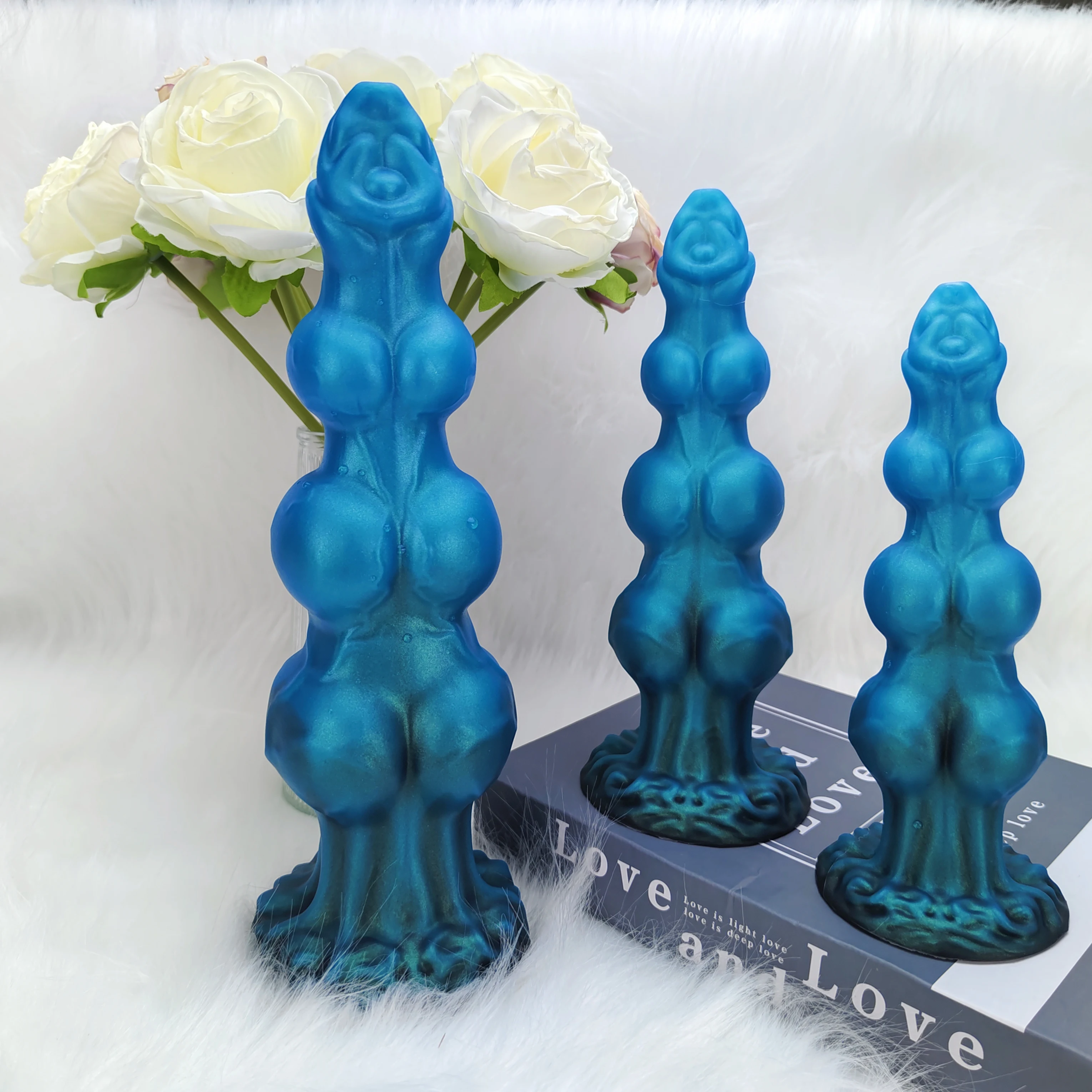 1 Piece Blue Black Gourd Egg Monster Fantasy Dildo - 3 Dog Knots, Wide Cylindrical Anal G-Spot, Large Sucker, Liquid Silicone, A view 4
