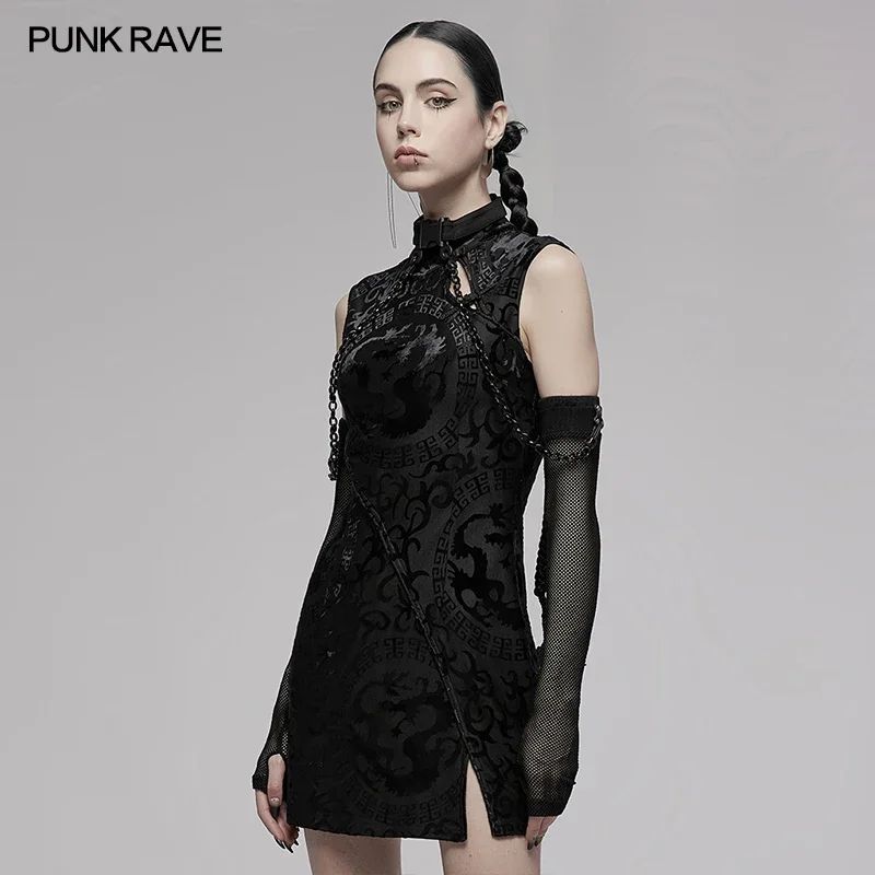 

PUNK RAVE Women's Chinese Style Dragon Totem Pattern A-line Dress Gothic Stretch Velvet Burnt-out Party Club Sexy Black Dresses