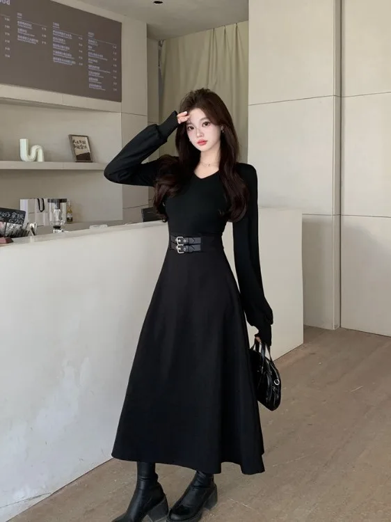 

plus Size Women's Bla V-Ne Long Sve A-Line Dr Slimming Waist High Waist Knitted Long Dr Commute Sle Autumn New
