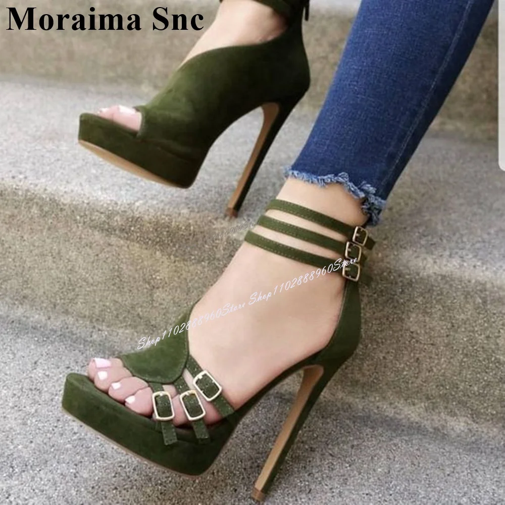 

Green Flock Buckle Strap Platform Sandals Stilettos High Heel Women Shoes Back Zipper Open Toe 2024 Fashion Zapatos Para Mujere