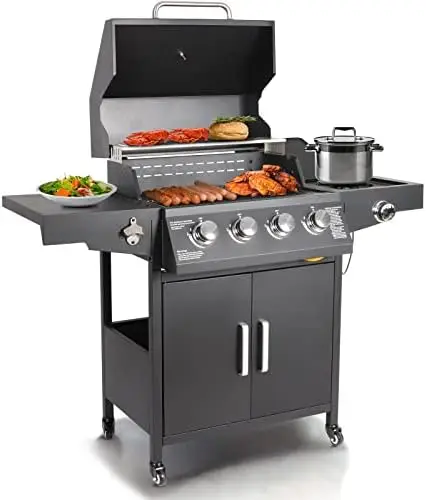Propane Gas Grill 4 Burners with Side Burner Freestanding Grill Cart with Wheels for Outdoor Garden Cooking Barbecue