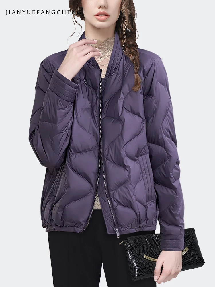 Women Winter Long Sleeve Light Purple Down Jacket Warm Thickened White Duck Down Padding Puffer Coat Loose Casual Korean Jacket