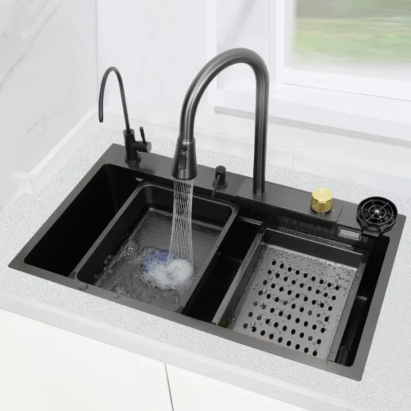 Luxury Waterfall Kitchen Sink Set Black Multifunctional Sink Countertop Four Holes Spray Faucet Stainless Steel