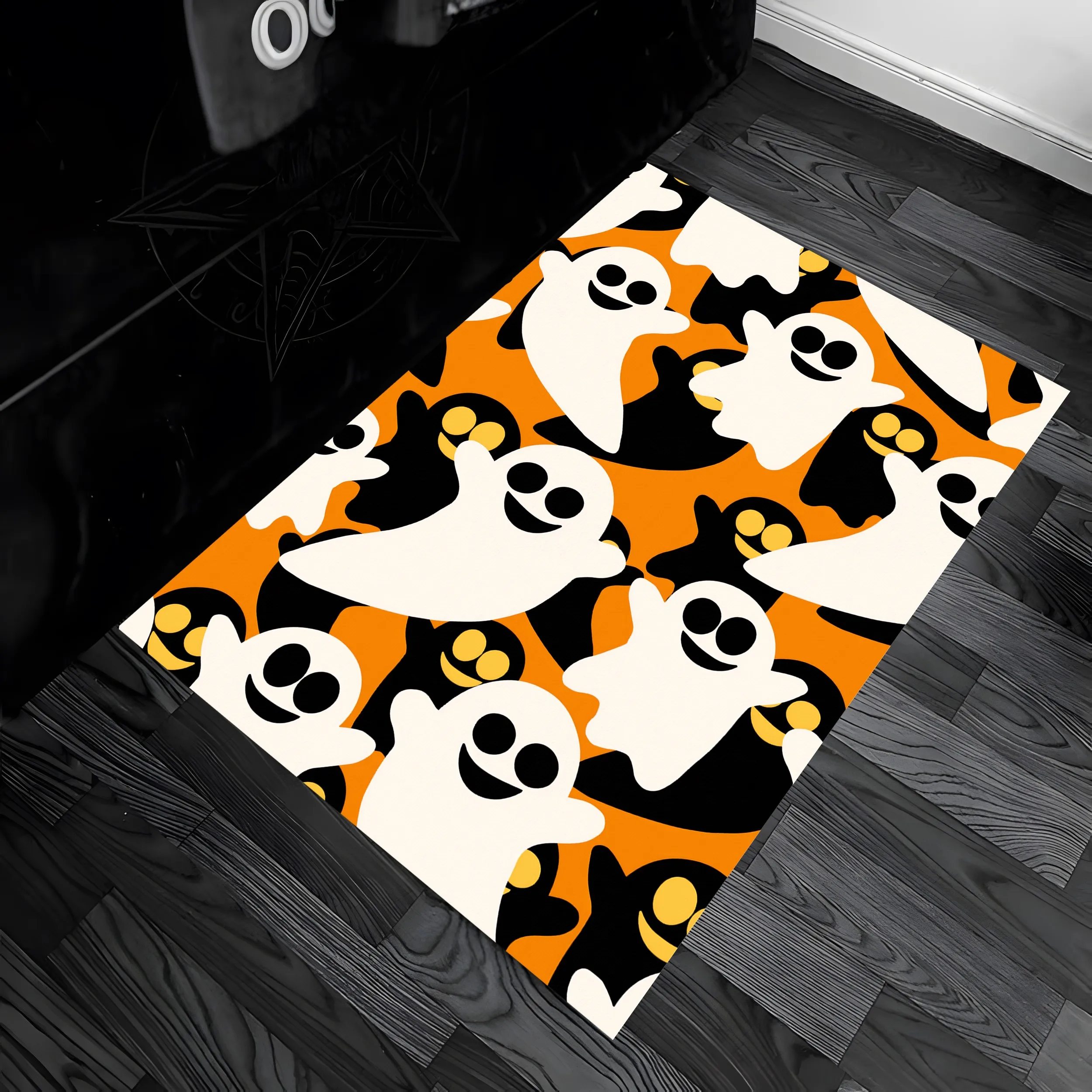Velvet Cartoon Ghost Black Cat Funny Halloween-Themed 2D Carpet, Suitable for Use in Living Room, Bedroom, and Bedside, Adding to the Festive Atmosphere