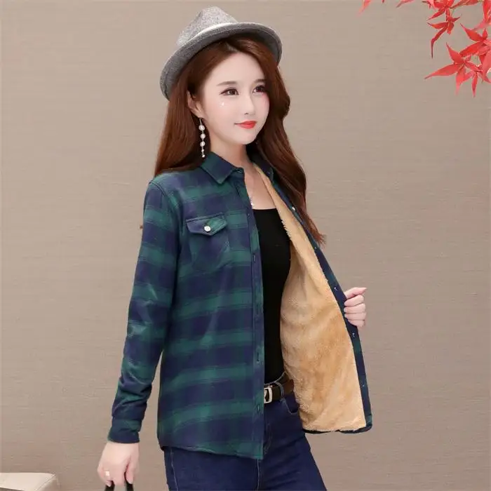 Women's Plaid Fleece Lined Slim Fit Long Sleeve Shirt Warm Thick Autumn Winter Outerwear  Collar Cotton Polyester Blend