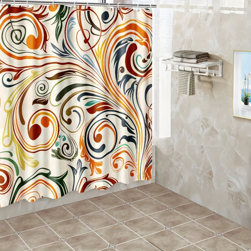 1pc Bohemian Style , Extra Large Art Abstract Lines Flower Print Shower , Bathroom Partition Drapery, Machi