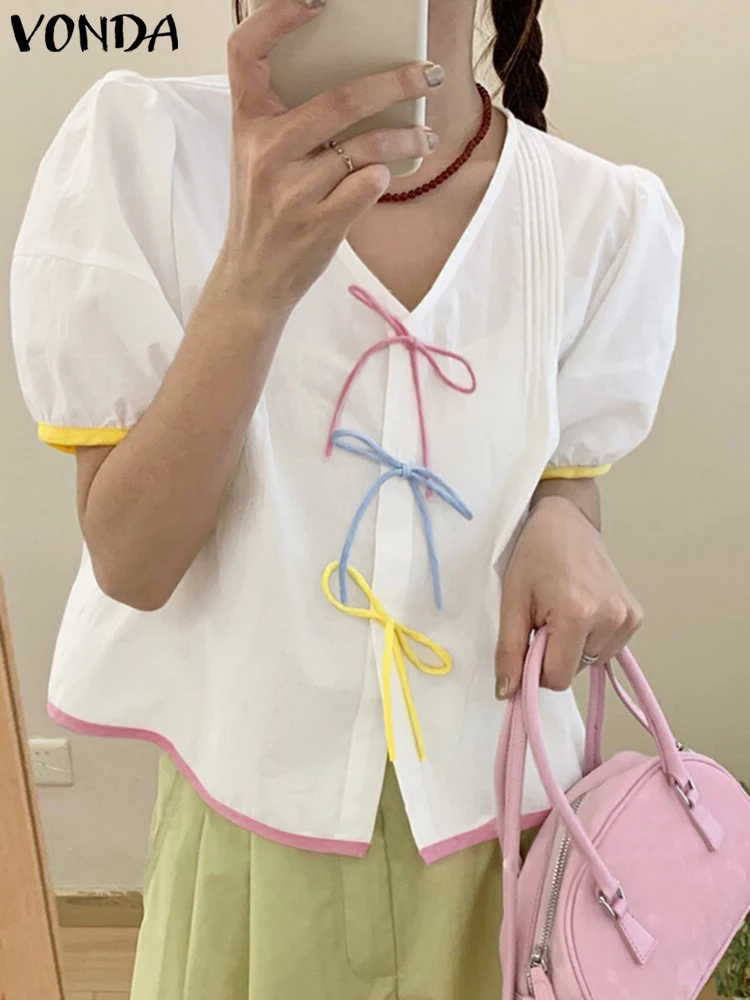 

Vintage Short Sleeve Tops Tee VONDA Patchwork Bow Lace-up Summer Women Blouses V Neck Pleated Tops Tee Tunic Blusas Streetwear