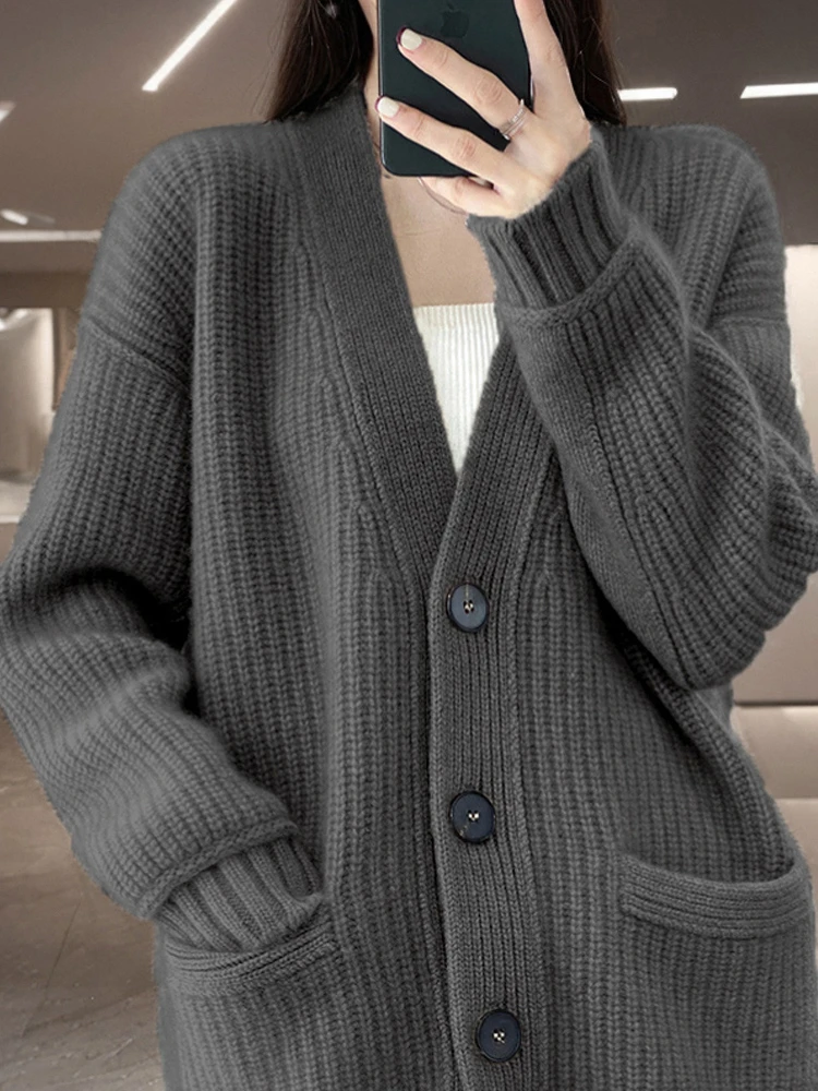 

Autumn Winter High Quality Knitted Cardigan Women's Wool Cashmere Sweater V-neck Long Sleeve Loose Large Size Coat Jacket