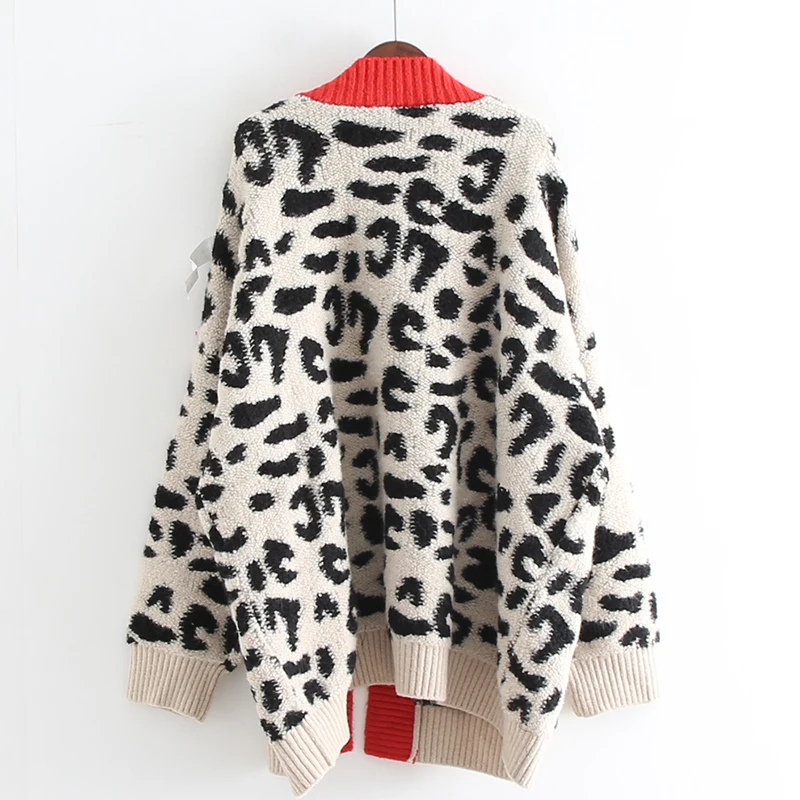 Autumn Women Fashion Long Sweater Loose Cardigans Leopard Casual Cardigans Red Yellow Oversized Knitted Jacket Outwear Winter