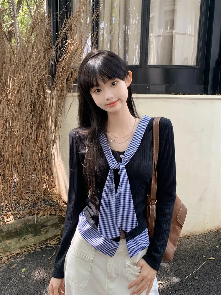 

Contrast Color Plaid Patchwork Knitted Cardigan Women Autumn Winter Preppy Style Slim Fit Long Sleeve Sweater Crop Top