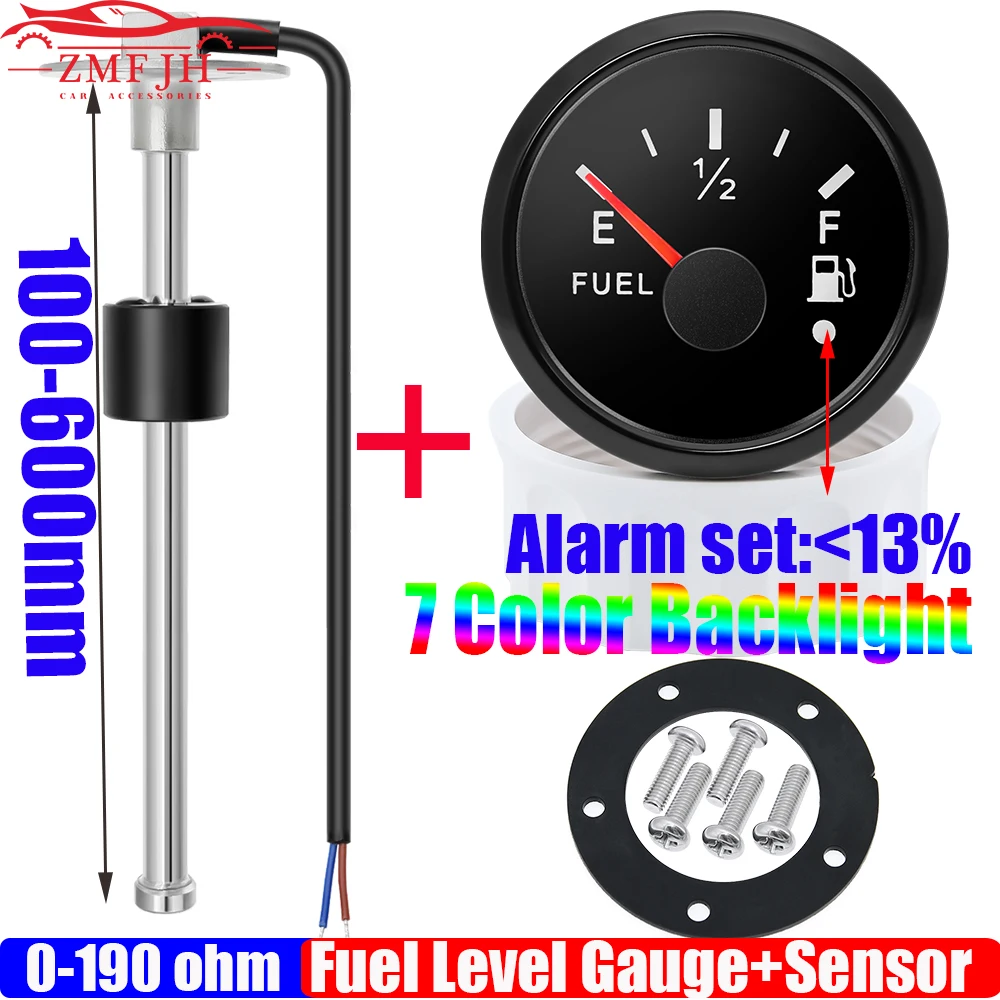 Custom 7 Colors Oil Tank Meter Alarm 0-190ohm 52mm Fuel Level Gauge+Fuel Level Sensor 100-550mm for Auto Car Boat Yacht 12V24V