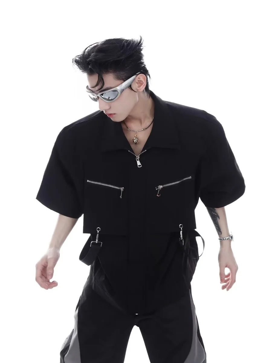 

American Sle oulder Pad ort Sve Men's irt Metal Zipper Design Open Cardigan T-irt Workwear Bla irt Youth Fas...